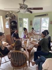 First morning, gathered around the breakfast table